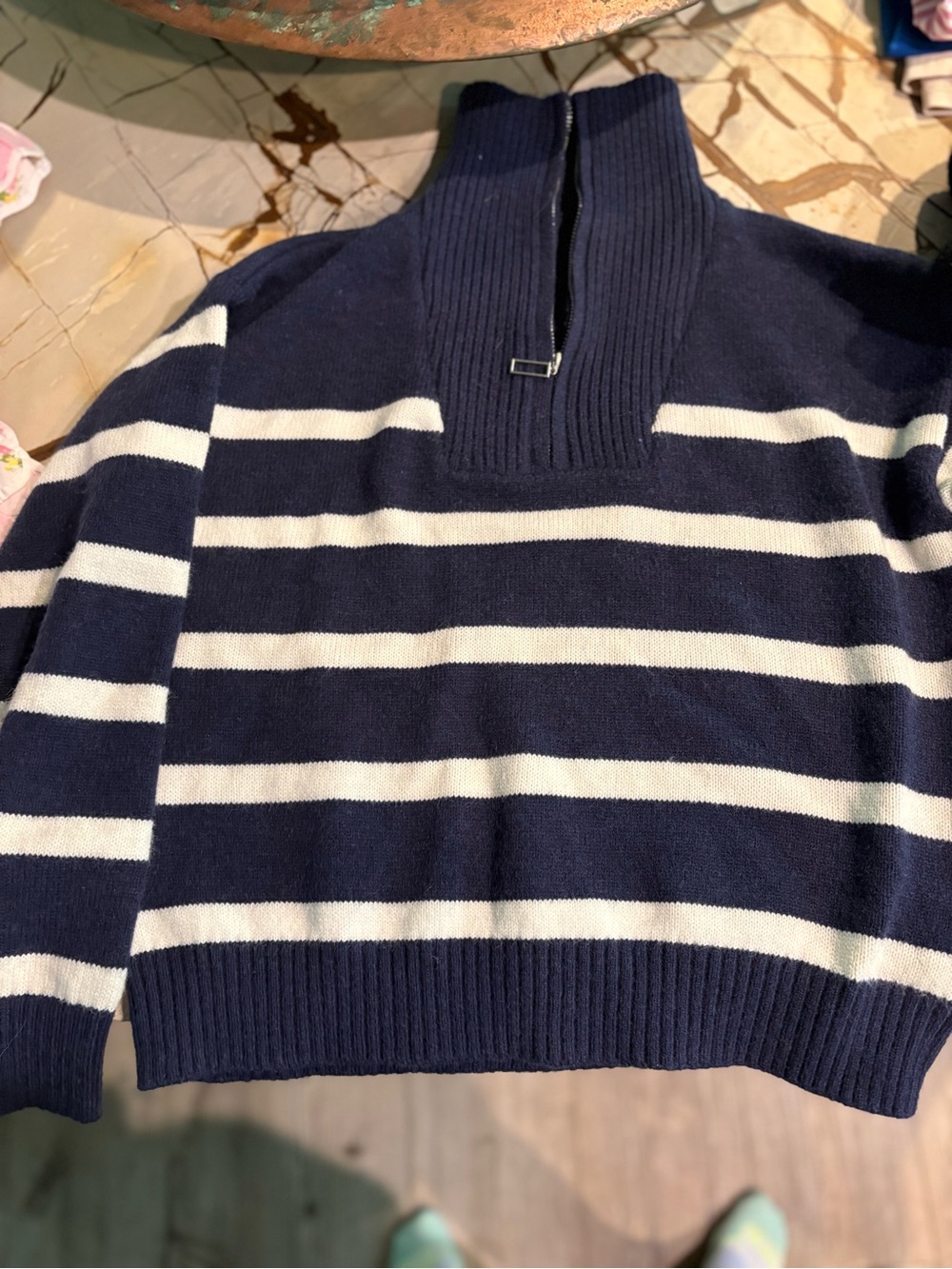Men's Navy and White Striped Half-Zip Sweater